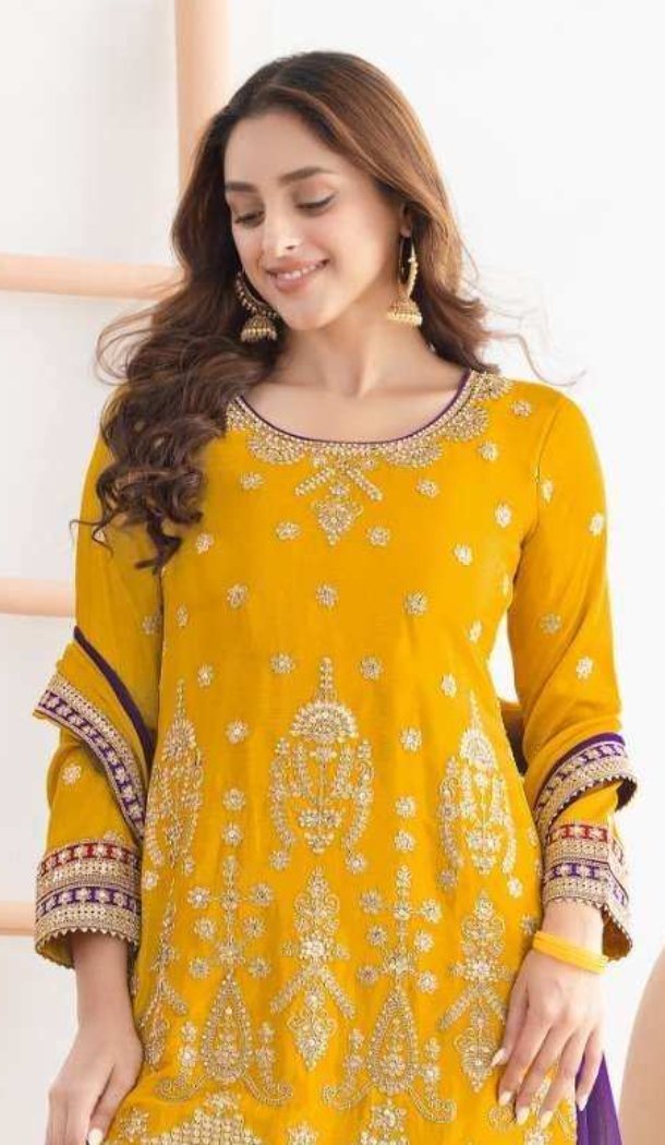 Yellow Chinon Salwar Suit for Women - 217240