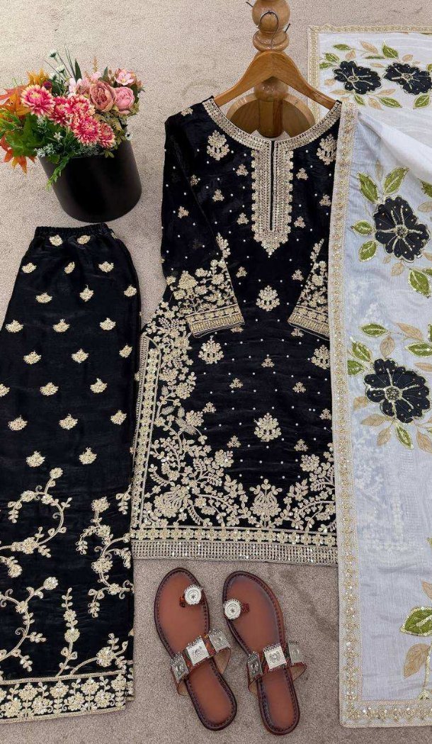 Black Pure Silk Palazzo Suit with Embroidery Work - 217305