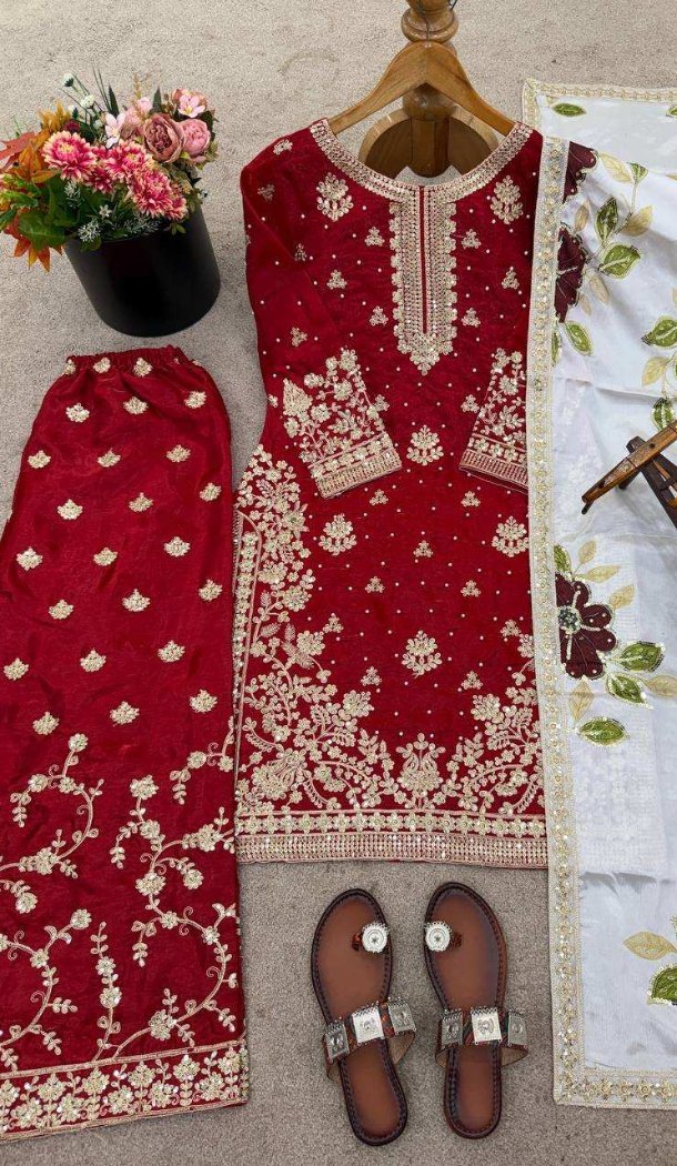 Maroon Pure Silk Palazzo Suit with Heavy Embroidery Work - 217308