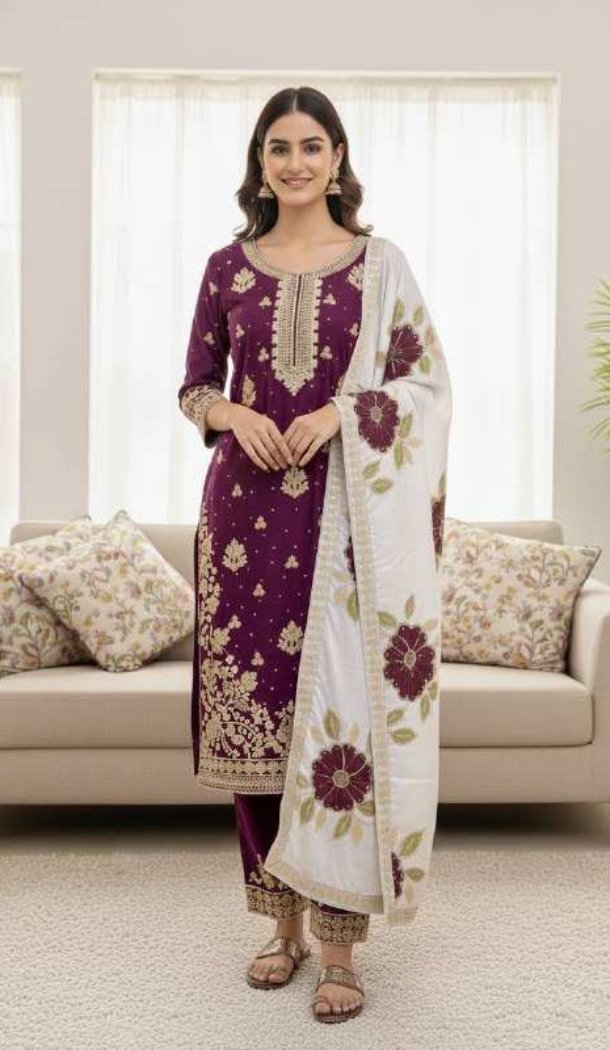 Purple Pure Silk Palazzo Suit with Designer Work - 217310