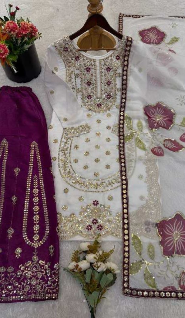 White Silk Palazzo Suit with Rich Designer Work - 217334