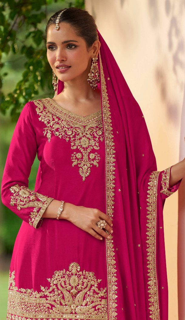 Pink Real Chinon Sharara Suit with Designer Work - 217339