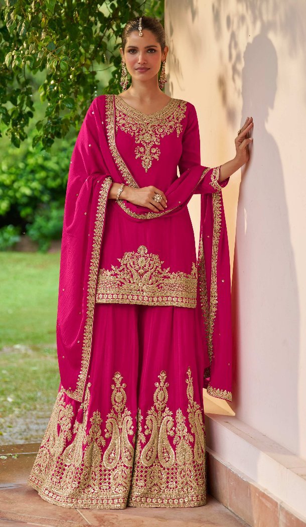 Pink Real Chinon Sharara Suit with Designer Work - 217339