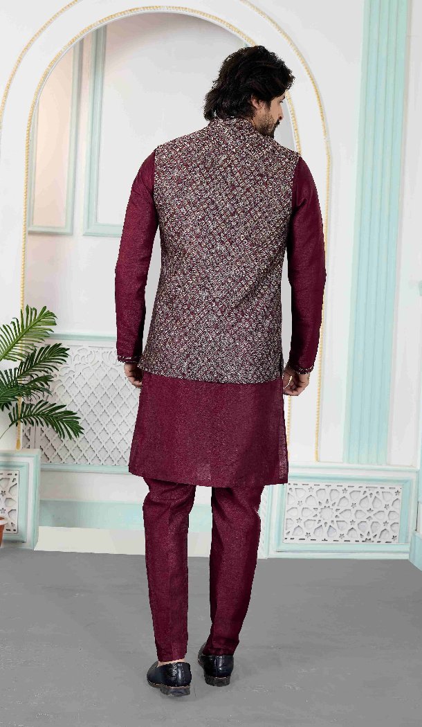 Maroon Art Banarasi Silk Kurta Pajama for Men - 217493