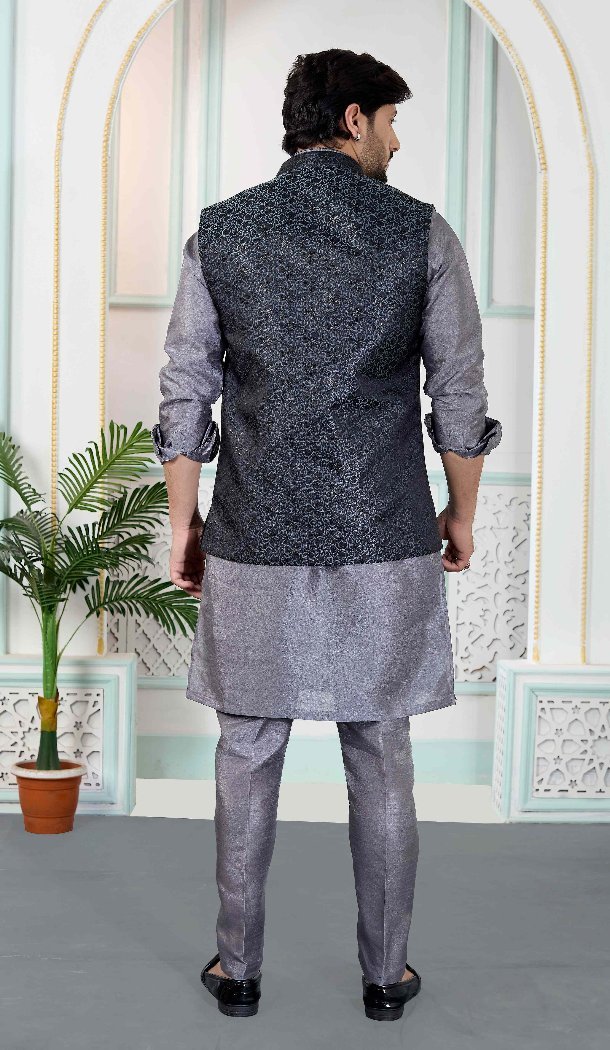 Men Grey Kurta Pajama in Art Banarasi Silk - 217494