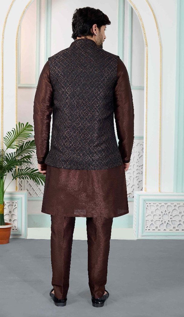 Brown Men Kurta Pajama in Art Banarasi Silk - 217495