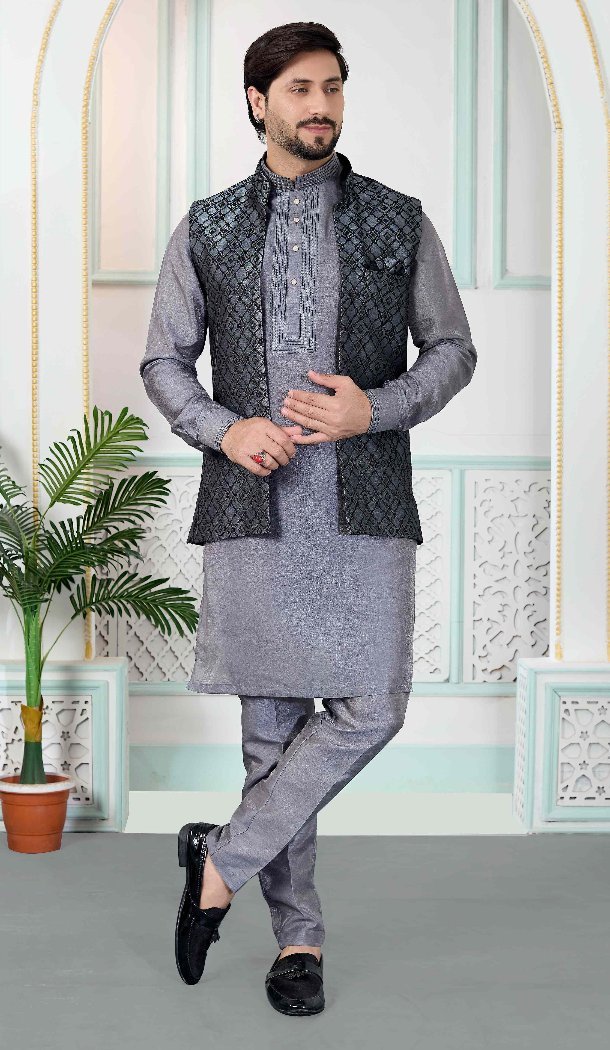 Men Grey Art Banarasi Silk Kurta Pajama Set - 217497