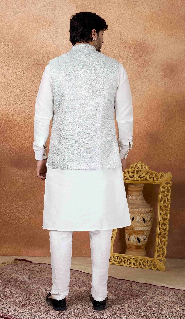 Off White Men Art Banarasi Silk Kurta Pajama - 217505