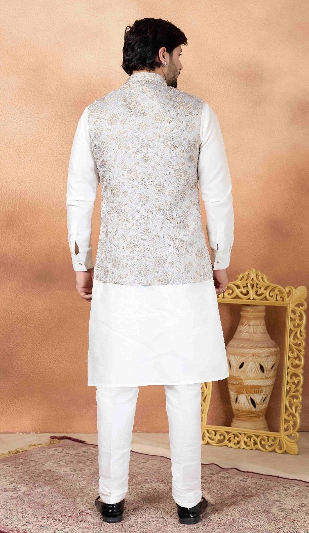 Art Banarasi Silk Off White Men Kurta Pajama - 217507