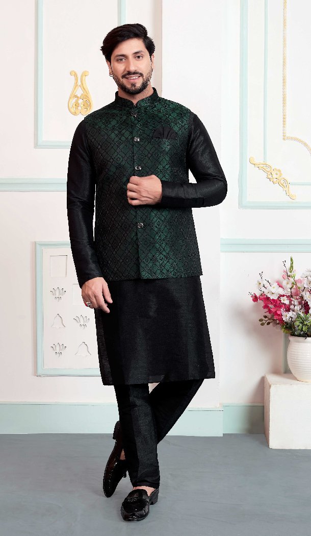 Men Black Art Banarasi Silk Kurta Pajama Set Plus Size - 217508