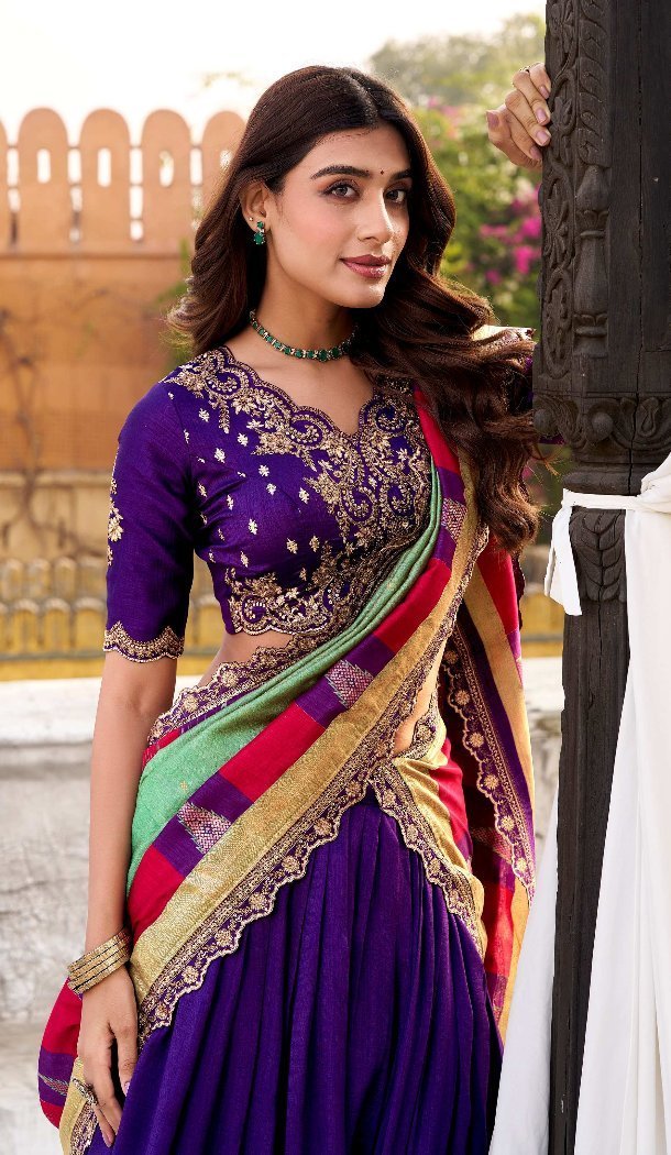 Purple Vichitra Silk Lehenga Choli with Thread Embroidery - 217595
