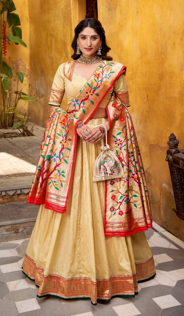 Cream Silk Paithani Lehenga Choli with Zari Work – 217647