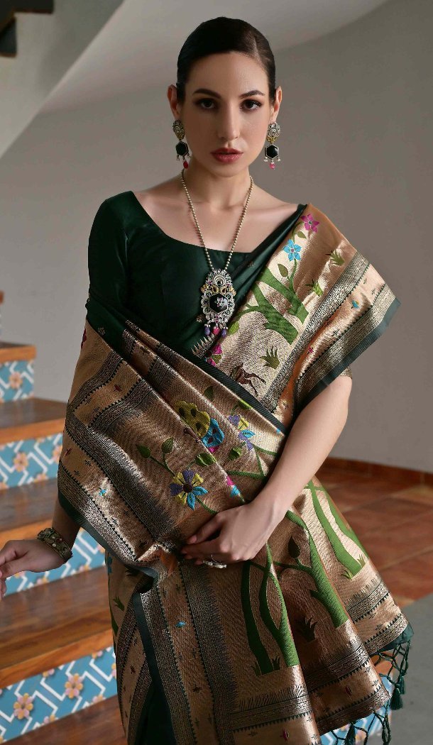 Dark Green Banarasi Silk Paithani Saree with Zari Work - 217651