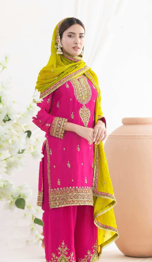 Yellow Chinon Punjabi Suit with Elegant Work - 217682