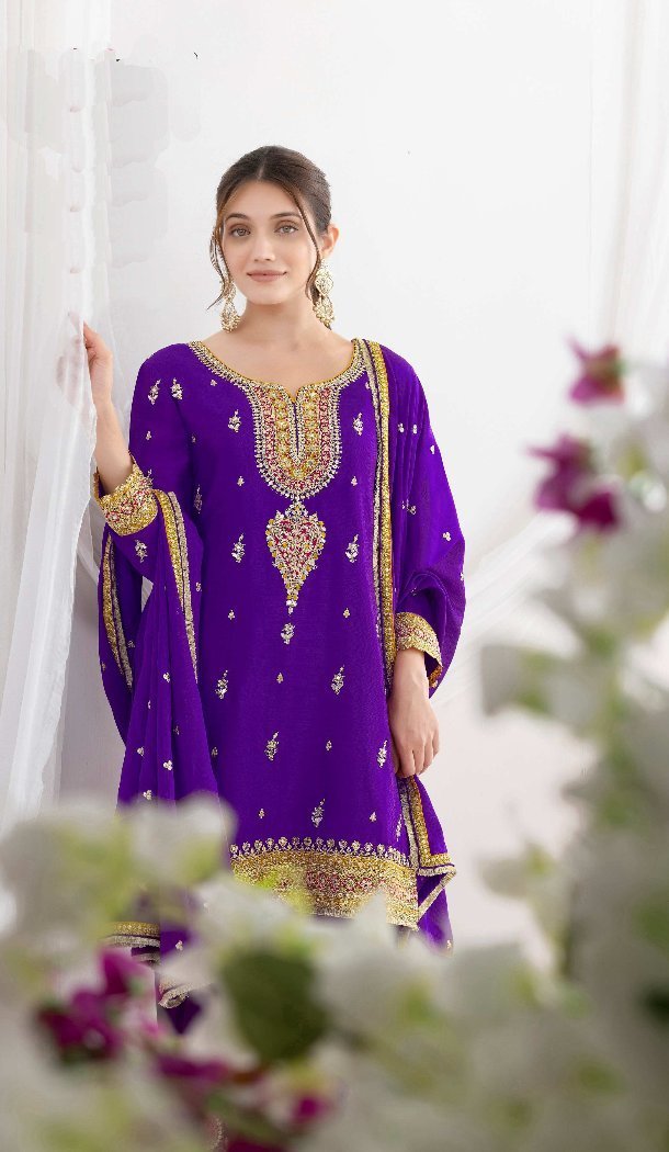 Purple Chinon Punjabi Suit with Sequence Design - 217684