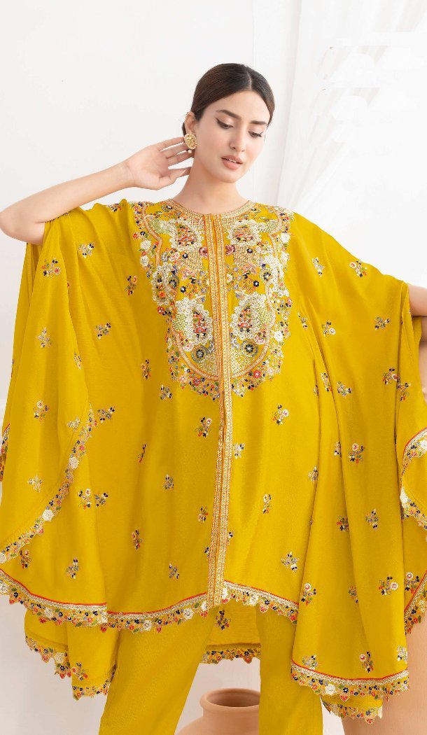 Yellow Chinon Salwar Suit with Floral Work - 217690
