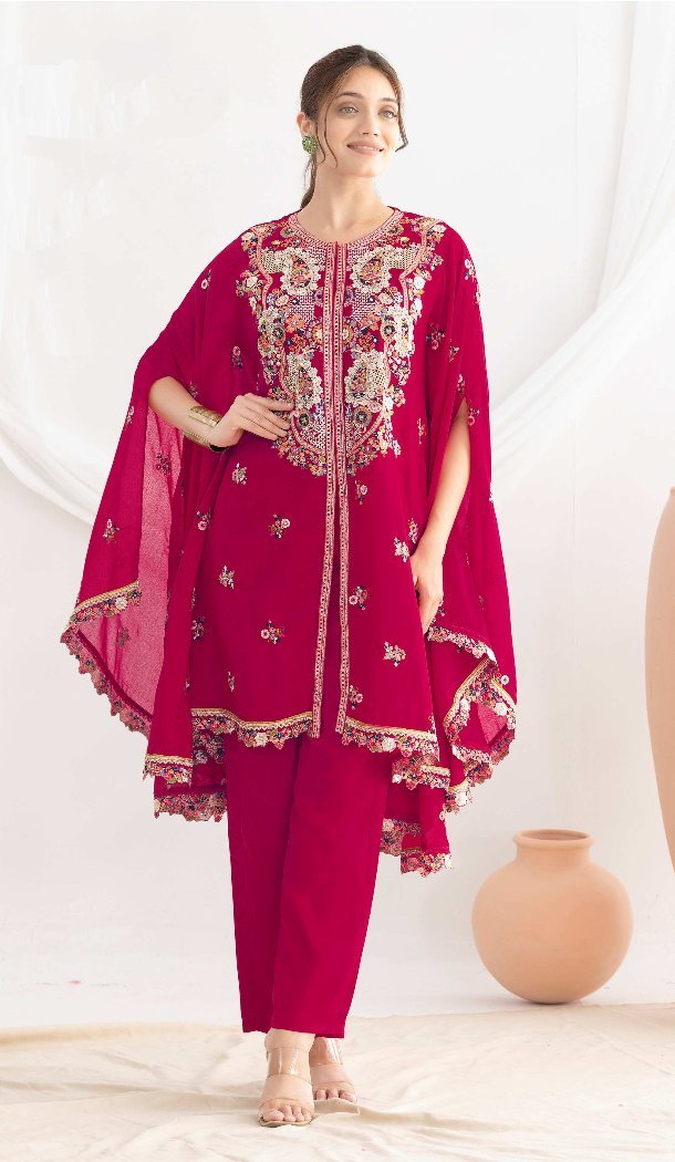 Pink Chinon Salwar Suit with Floral Work - 217691