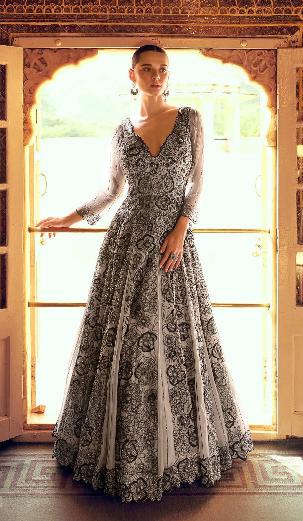 Women's Grey Embroidered Viscose Gown - 217774
