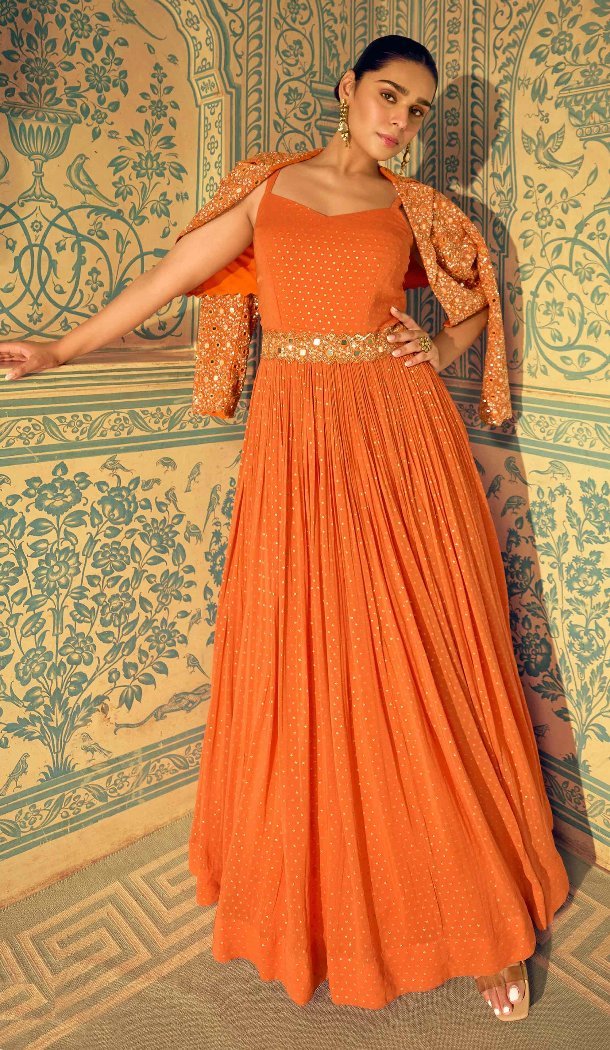 Women's Orange Embroidered Party Wear Gown - 217776