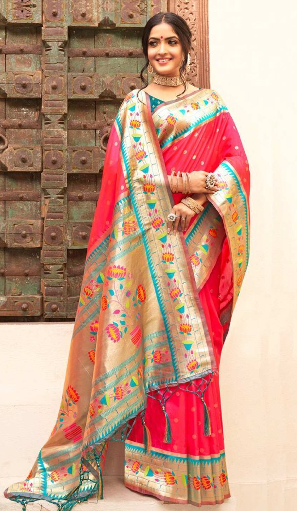 Pink Silk Blend Saree with Woven Work - 217789