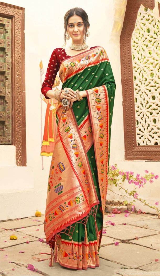 Dark Green Silk Saree with Woven Work - 217791