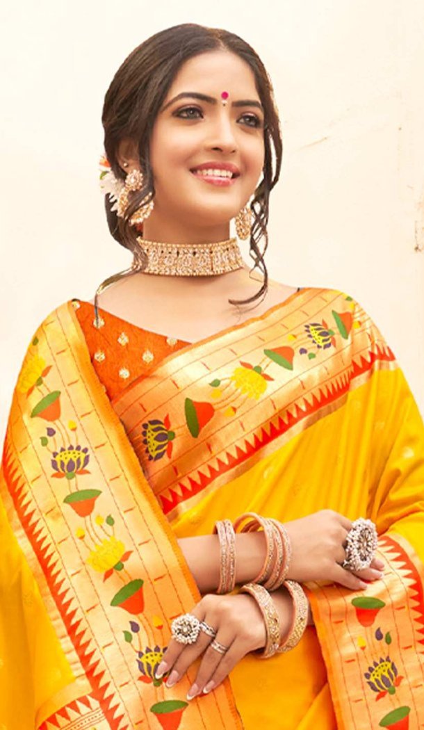 Yellow Silk Blend Saree with Woven Work - 217792