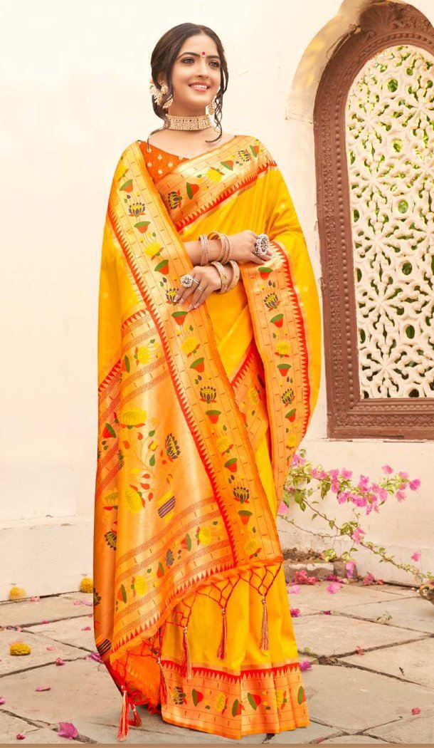 Yellow Silk Blend Saree with Woven Work - 217792