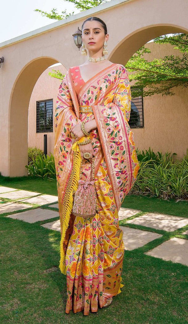 Yellow Saree with Meena Zari Work - 217886