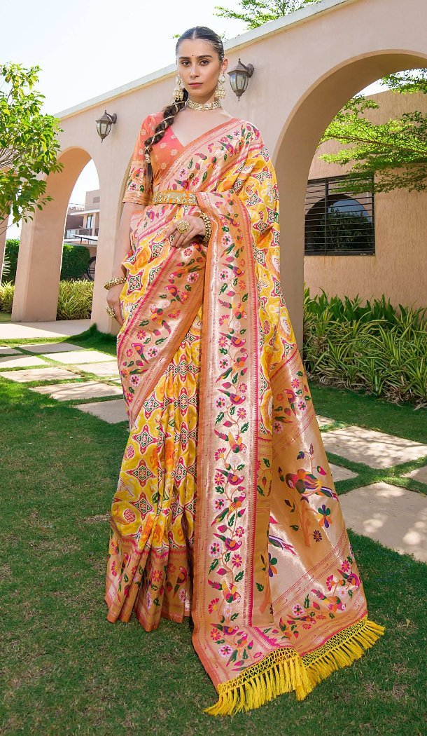 Yellow Saree with Meena Zari Work - 217886