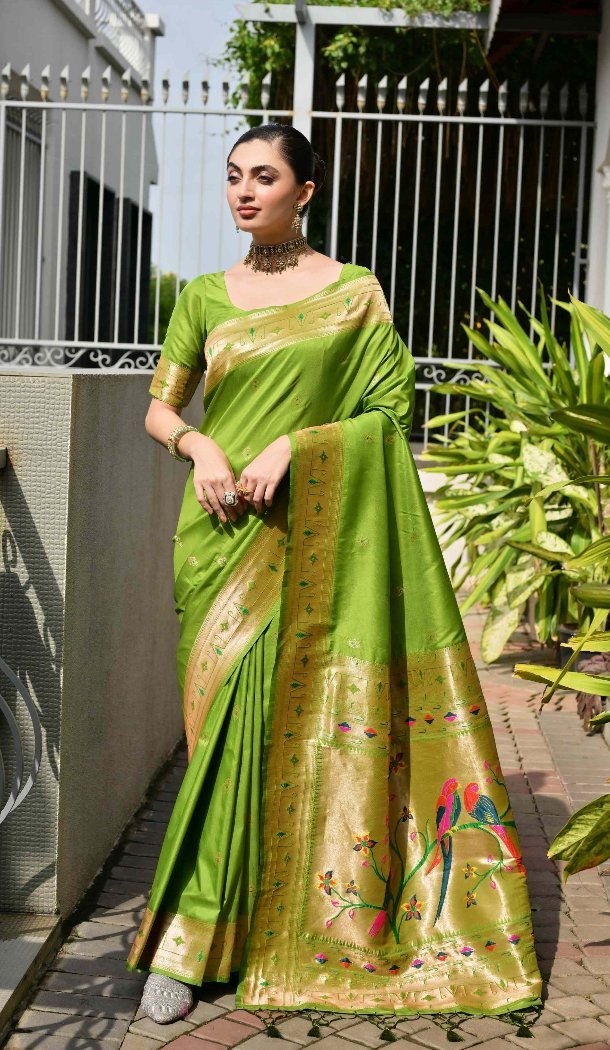 Green Traditional Wear Saree with Zari Work - 217938
