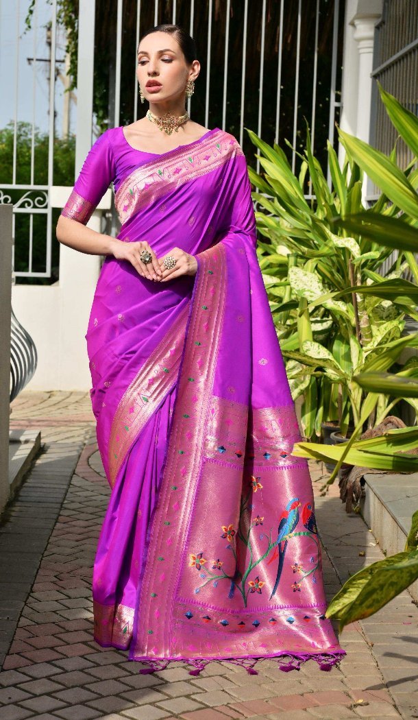 Purple Traditional Wear Banarasi Saree with Zari Work - 217940