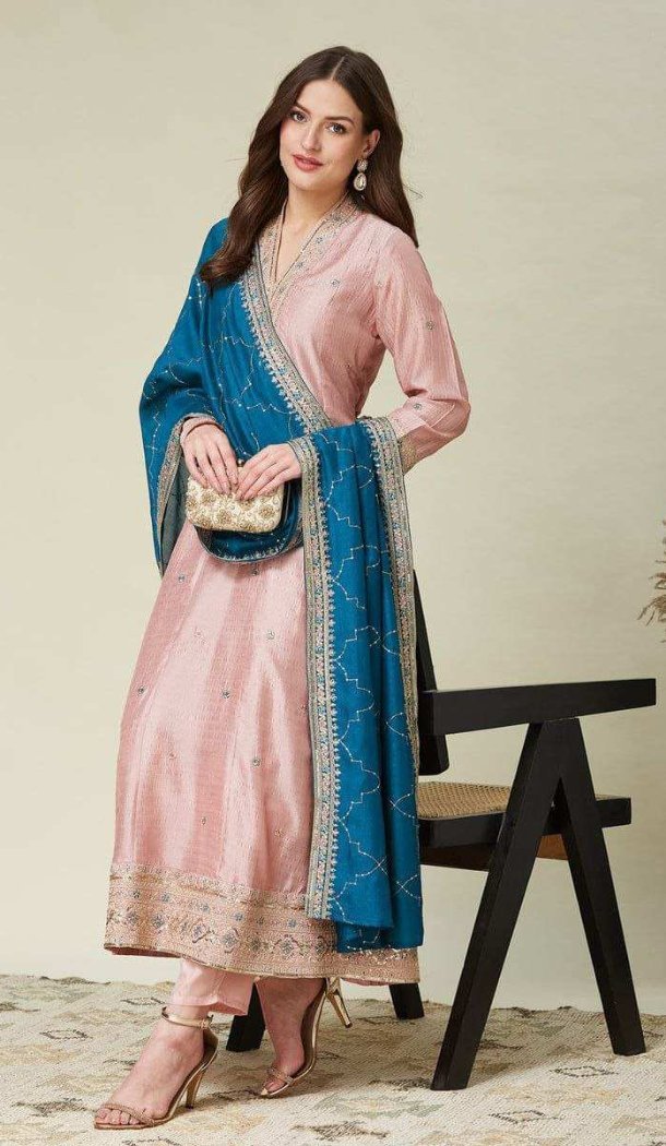 Peach Vichhitra Silk Salwar Suit with Embroidery Work - 217990