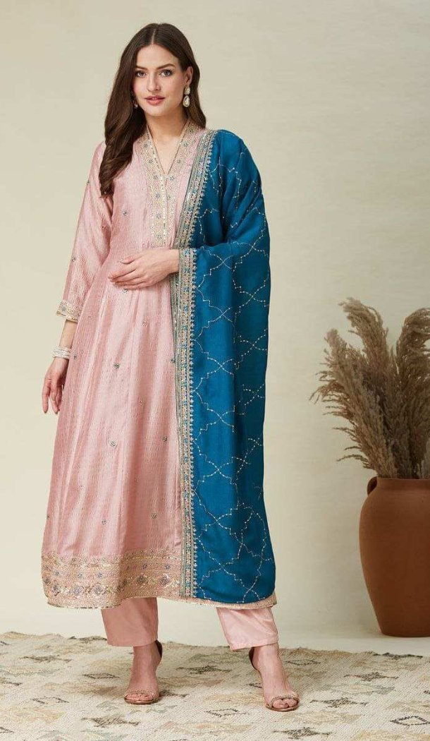 Peach Vichhitra Silk Salwar Suit with Embroidery Work - 217990