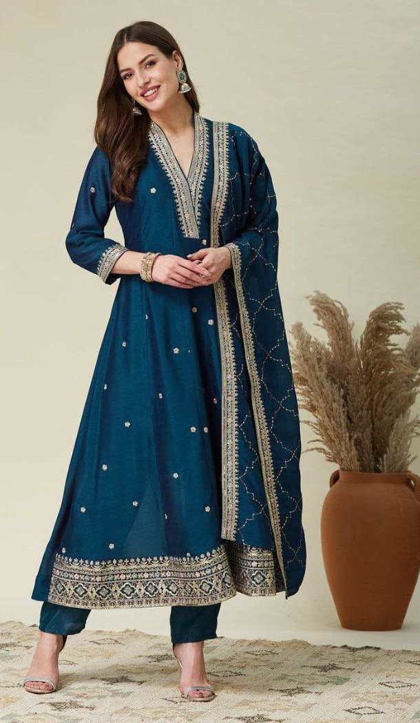 Teal Blue Party Wear Salwar Suit with Embroidery Work - 217991