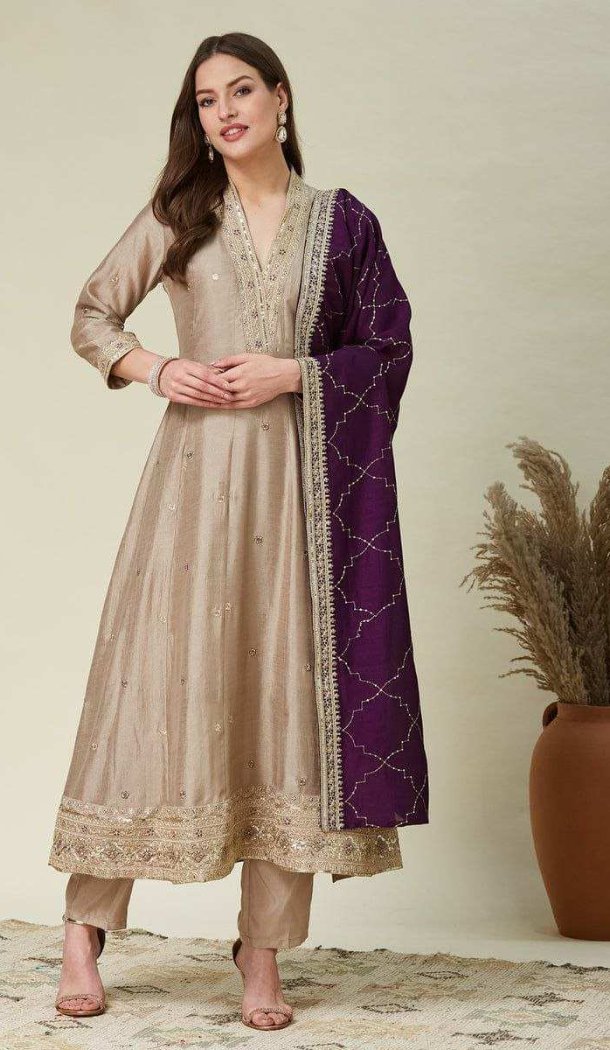 Cream Vichhitra Silk Salwar Suit with Embroidery Work - 217992
