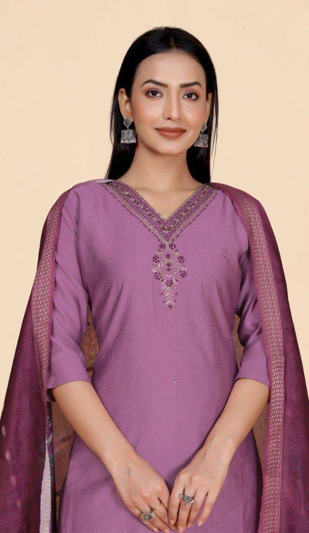 Lavender Vertical Viscose Suit with Hand Work - 217994