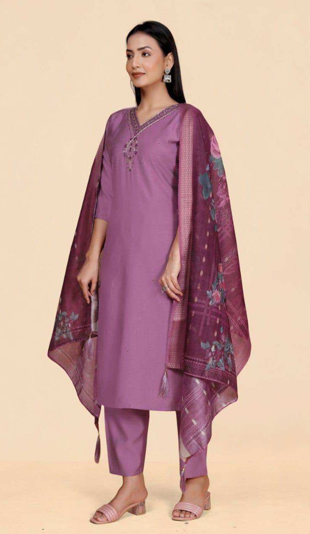 Lavender Vertical Viscose Suit with Hand Work - 217994
