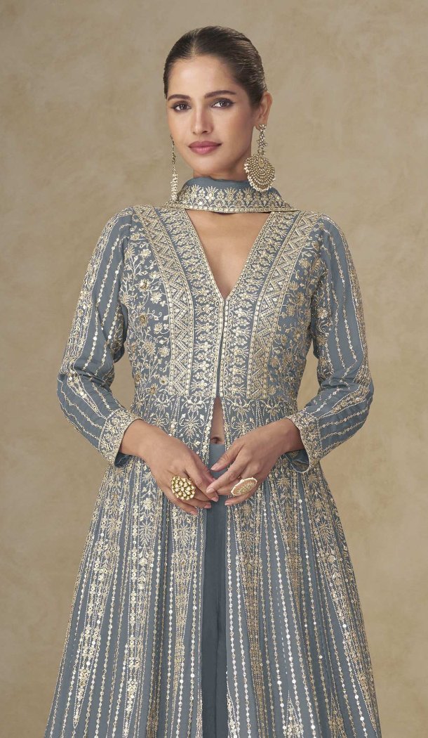 Grey Chinon Anarkali Suit with Embroidery Sequence Work - 218095