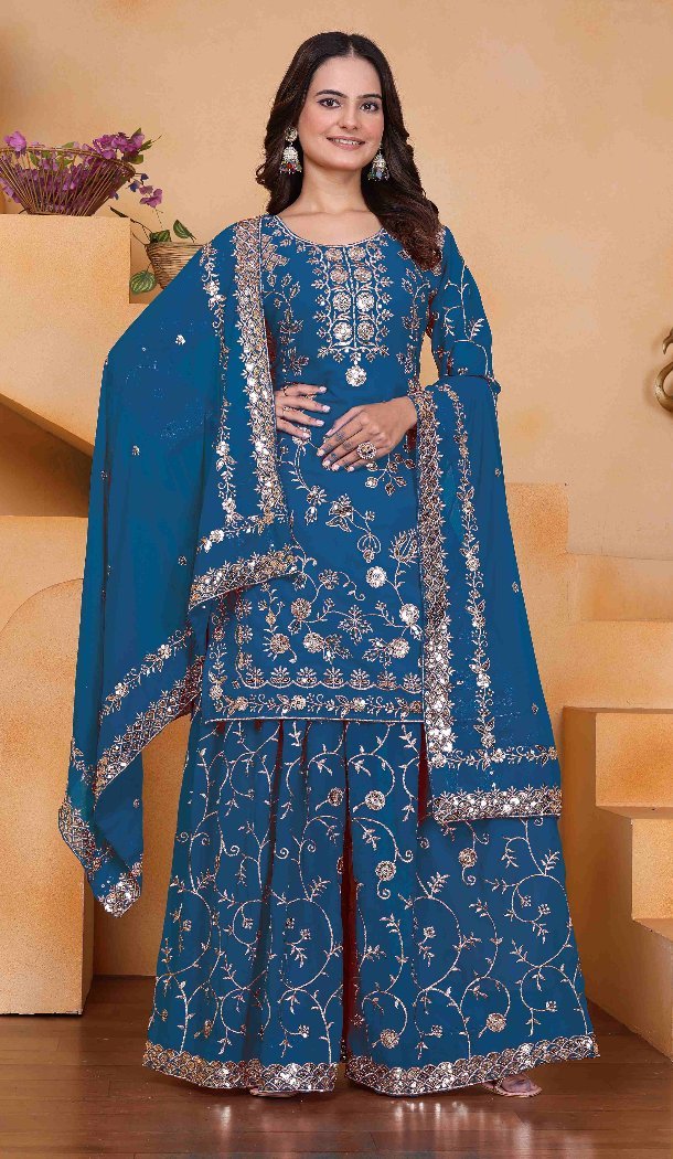Blue Palazzo Suit in Fox Georgette with Sequence Work - 218044