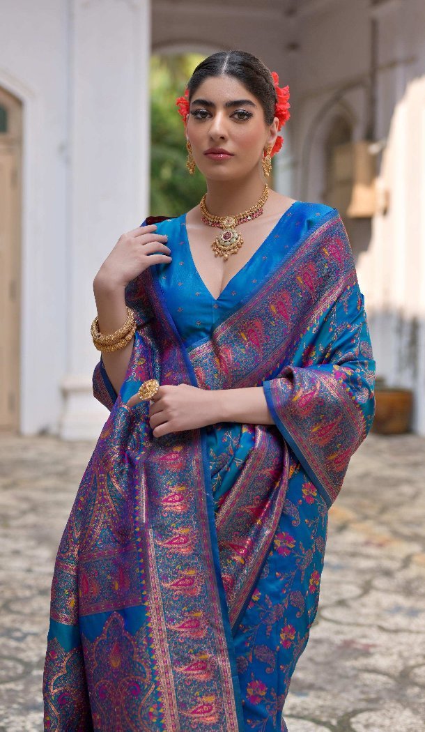 Firozi Soft Pashmina Silk Saree with Zari Work - 218075