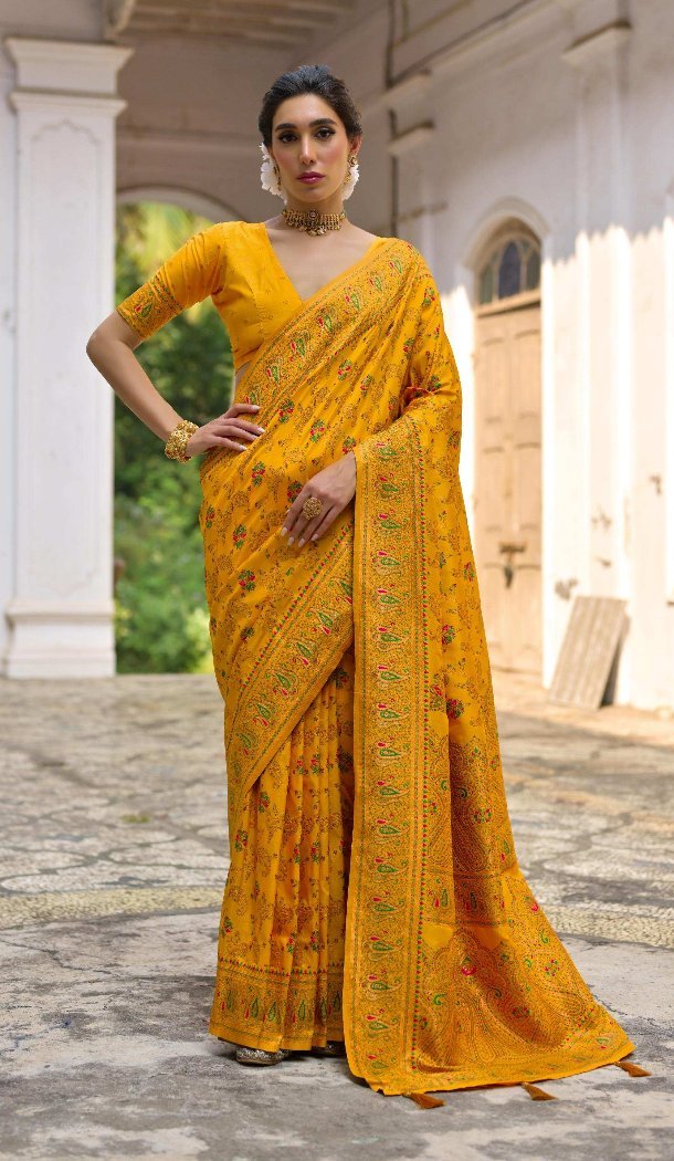 Yellow Party Wear Saree with Zari & Meena Work - 218079