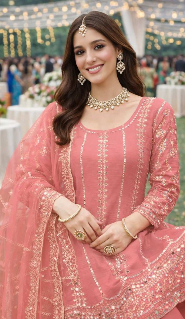 Pink Chinon Palazzo Suit with Embroidery Work - 218116