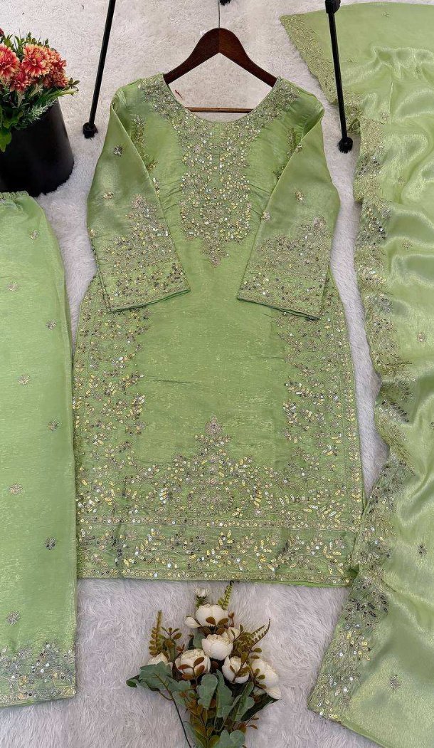Pista Green Pure Gmy Silk Sequin Salwar Suit - 218148
