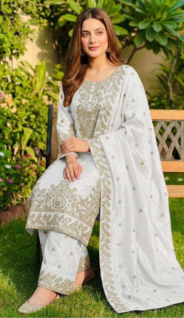 White Sequin Salwar Suit in Pure Gmy Silk - 218149