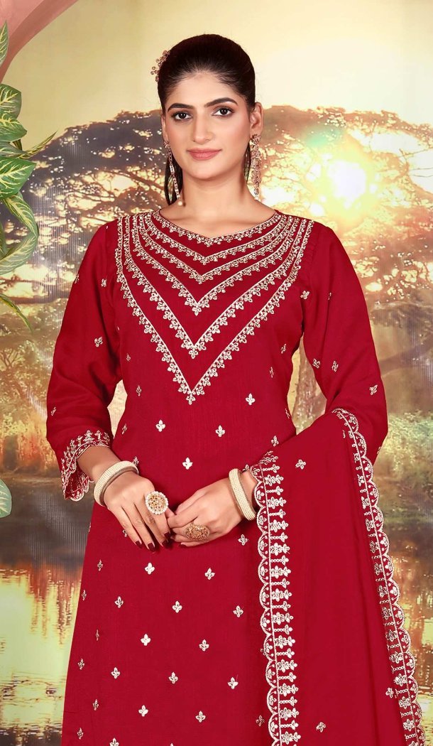 Maroon Vichitra Sequin Palazzo Suit with Embroidery - 218137