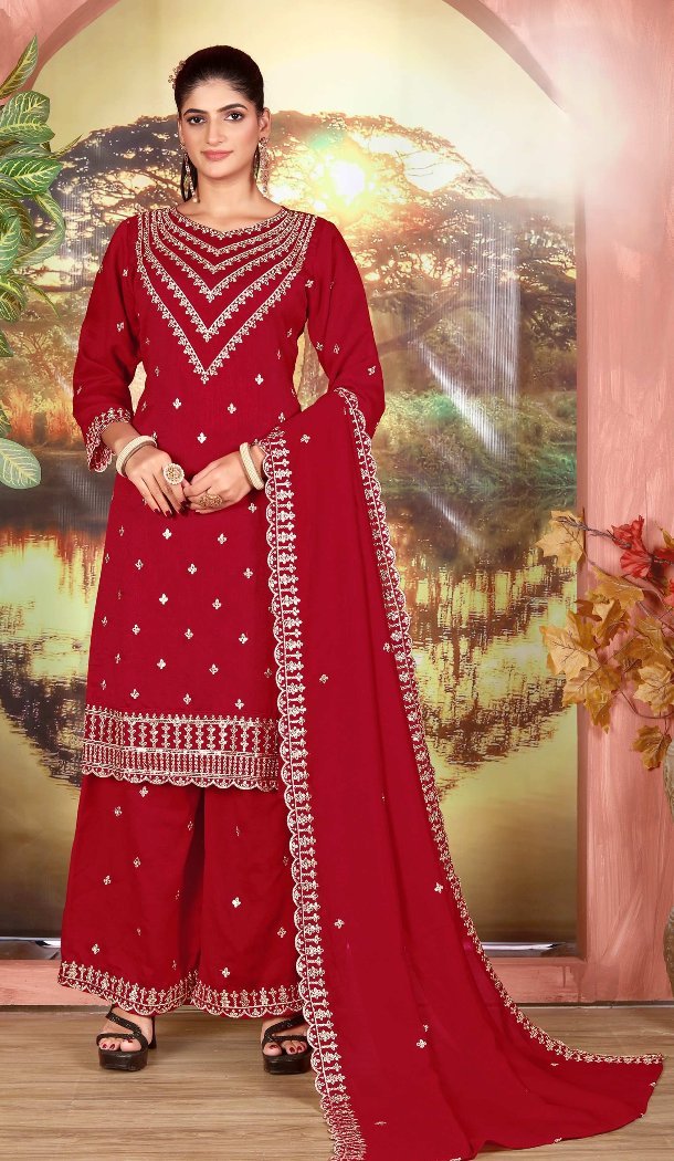 Maroon Vichitra Sequin Palazzo Suit with Embroidery - 218137