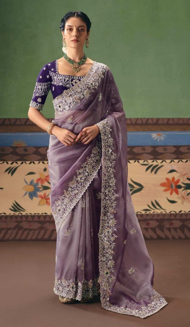Lavender Art Silk Designer Saree with Stone Embroidery - 218281
