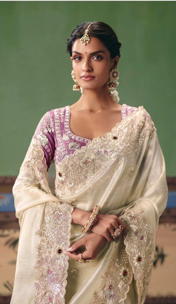 Cream Designer Saree with Pearl & Stone Work - 218283