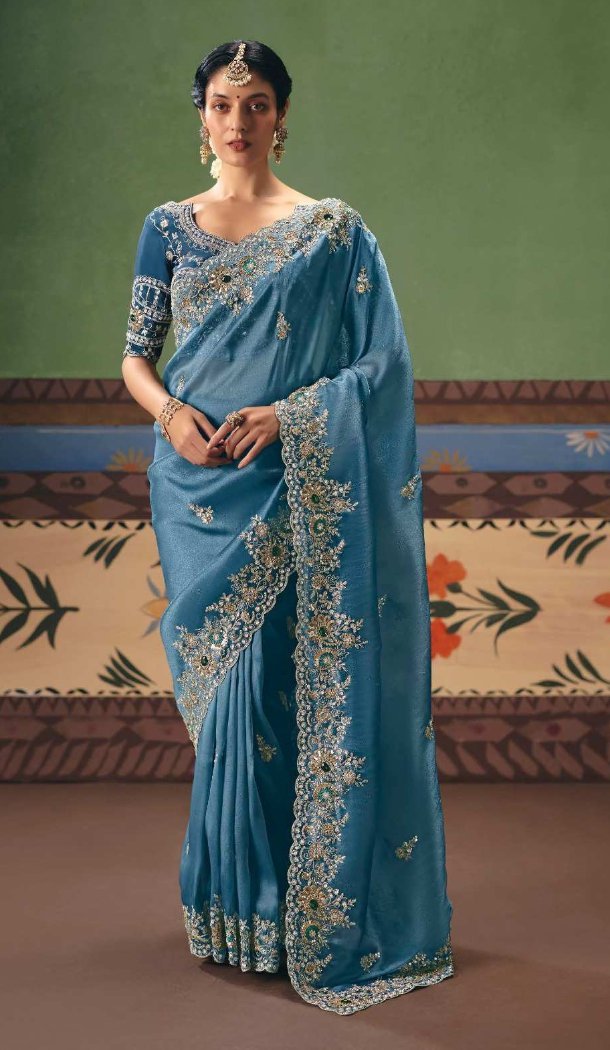 Blue Art Silk Designer Saree with Pearl & Embroidery - 218286