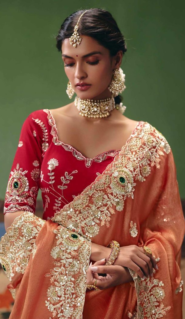 Rust Art Silk Designer Saree with Sequin Embroidery - 218287